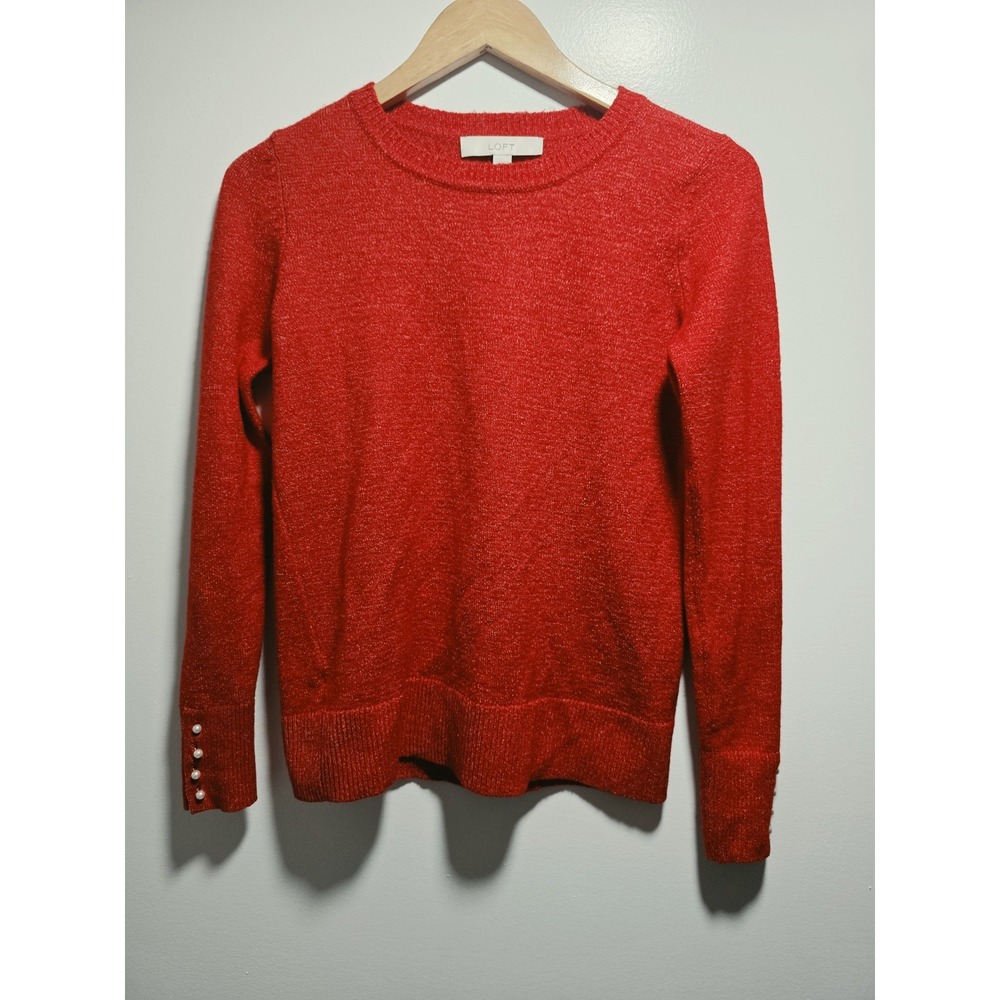 Loft Womens Sweater Crewneck Size XS Red Pearl Buttons Lightweight Red